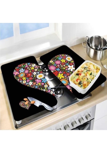 Dekoratif Cam Ocak Koruyucu ve Kesim Tahtası Siyah Kalp 60Cm X 52