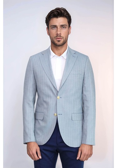 Açık Mavi Balıksırtı Desenli Gold Renk Metal Düğmeli Slim Fit Erkek Blazer Ceket - Wessi Navy Blue