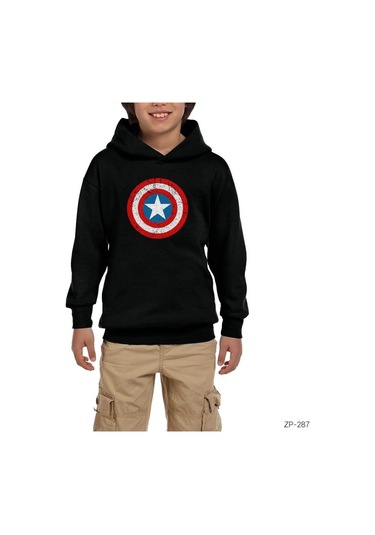 Captain America Kalkan Siyah Çocuk Kapşonlu Sweatshirt Siyah