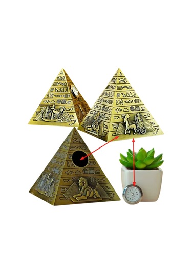 Antik Mısır Piramit Saatli Metal Dekoratif Hediyelik Biblo 10x11cm