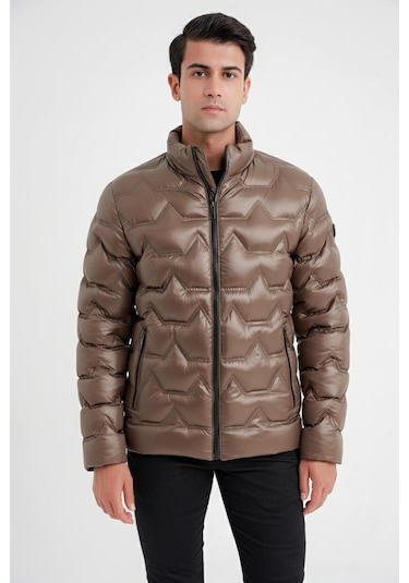 Slim Fit Hakim Yaka Yan Cepli Kaz Tüyü Bej Şişme Mont Mt 175 Bej