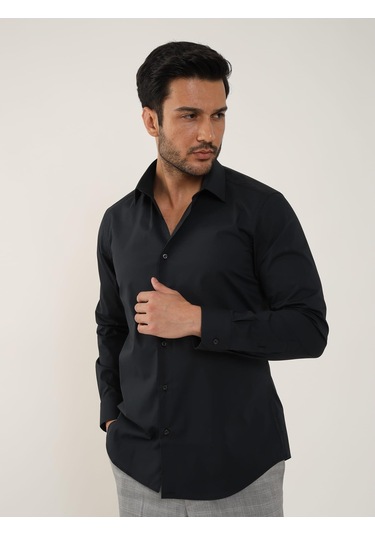 Siyah Erkek Slim Fit Düz Klasik Yaka Uzun Kol Gömlek - 88359 Siyah
