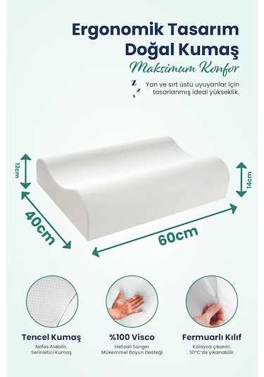 Yüksek Çift Boyun Destekli Ortopedik Visco Yastık 60x40x14-12cm Beyaz