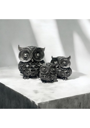 Dekoratif Polyester Üçlü Baykuş Biblo Set Gümüş Eskitme