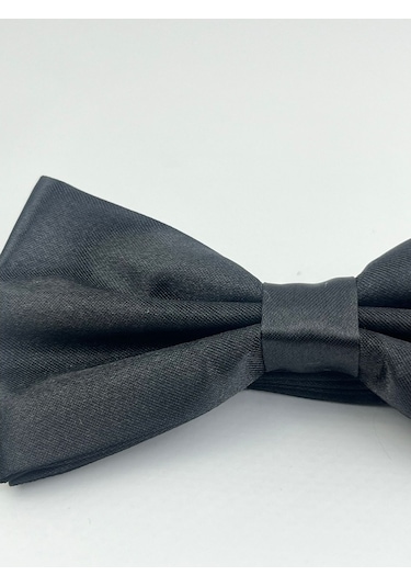 Demfashion Siyah Düz Erkek Saten Kumaş Papyon Siyah