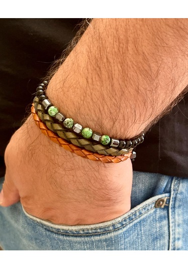 %100 Deri&hematit 3lü Erkek Bileklik Set 21 Cm Türk El Üretimi