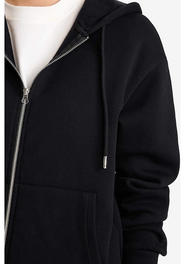 Defacto Relax Fit Kapüşonlu Basic Düz Kalın Fermuarlı Sweatshirt C1809ax25aubk81 Siyah