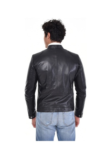Hakiki Deri Siyah Erkek Deri Mont Hakim Yaka Çift Fermuarlı Üç Cepli Deri Ceket Siyah