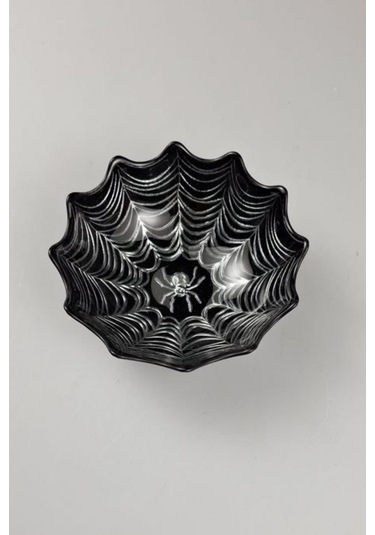 Örümcek Desen Siyah Gümüş Cam Sunum Kasesi 12 Cm