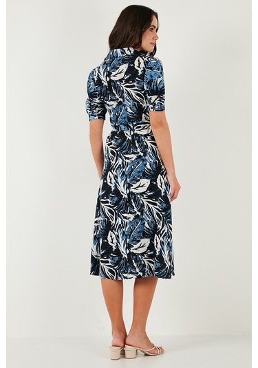 Lela Desenli Relaxed Fit Balon Kol Yırtmaçlı Kemerli Midi Boy Bayan Elbise 67810558 Saks