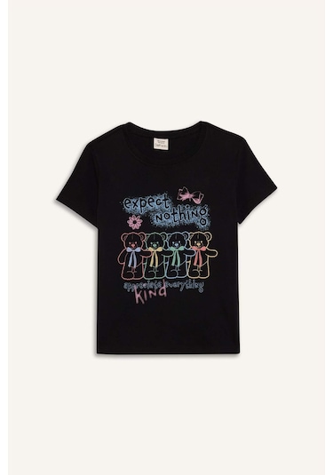 Defacto Kız Çocuk Bisiklet Yaka Baskılı Kısa Kollu Tişört E0350a825smbk81 Siyah