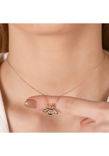 Zirkon Taşlı Pırlanta Montür Rose Altın Kaplama Arı Gümüş Kolye