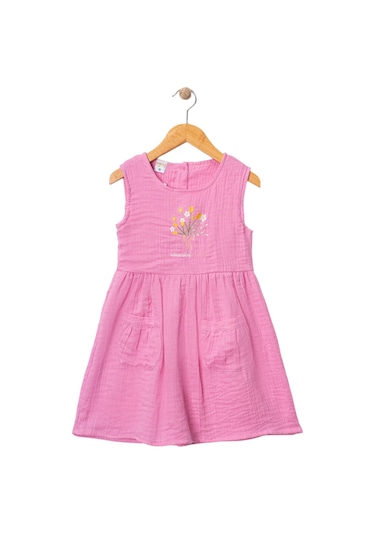 Çiçek Nakışlı Müslin Elbise Fuşya