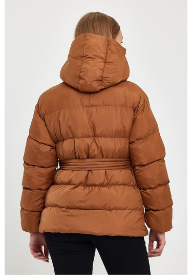 Alisse-kadın Taba Kapüşonlu Kemerli Şişme Mont Kaban Taba