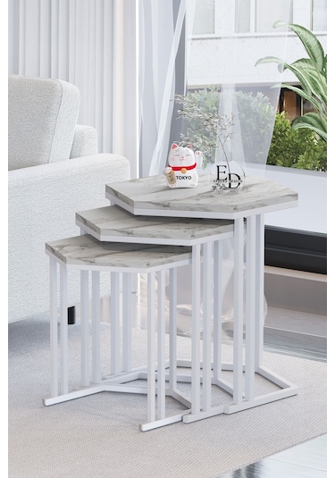 Tokyo 3'lü Zigon Sehpa Beyaz Metal - Beyaz Mermer Tabla