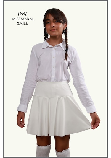 Kız Çocuk Okul Etek Beyaz /ekru Yüksek Bel Içi Şortlu Okul-oyun-spor-23 Nisan Etkinlik Eteği Beyaz