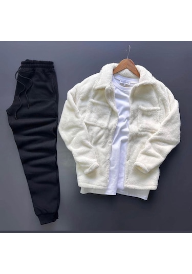 Unisex Beyaz Peluş Polar Hırka Gömlek Siyah Eşofman Altı Takım Beyaz - Siyah
