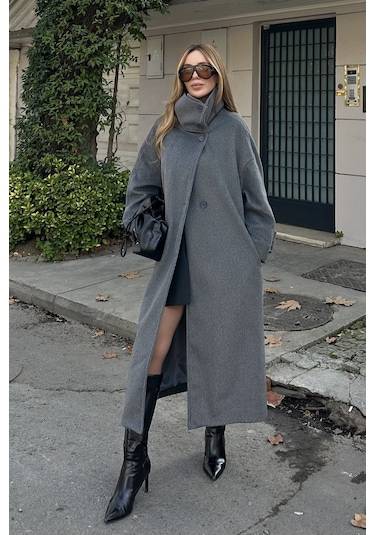 Gri Vittoria Düğmeli Yaka Kaban - 2511 Gri