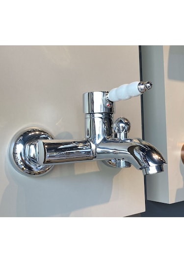 İsaoğlu Yapı Banyo Bataryası Vintage Tasarım Porsalen Banyo Musluğu Pirinç Gümüş