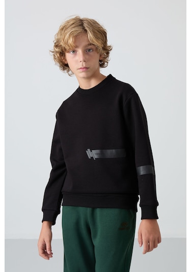 Tommy Life Siyah Pamuklu Kalın İçi Tüylü Yumuşak Dokulu Standart Fit Baskılı Erkek Çocuk Sweatshirt - 11238 Siyah