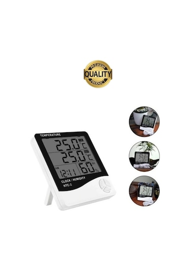Premium Dijital Masaüstü Lcd Ekran Isı Sıcaklık Ve Nem Ölçer Termometre Saat Alarm Pilli Beyaz