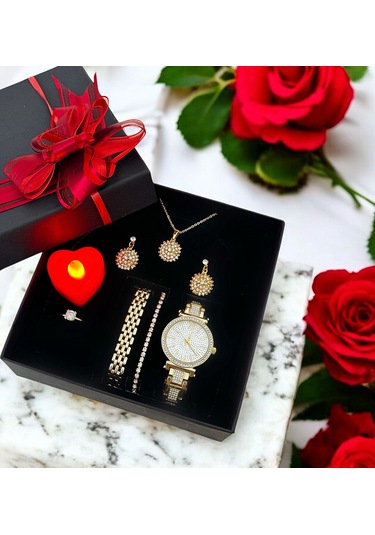 Gold Kadın Taşlı Siyah Kare Hediye Kutu Set Altın