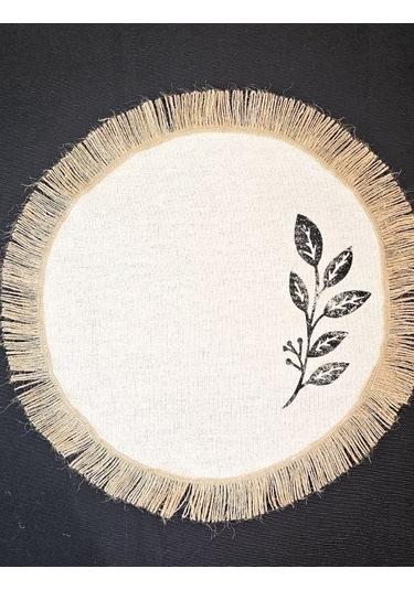 %100 Pamuklu Ham Keten Hasır Püsküllü Yaprak Taş Baskı 6' Lı Amerikan Servisi Supla Yuvarlak 40cm Naturel