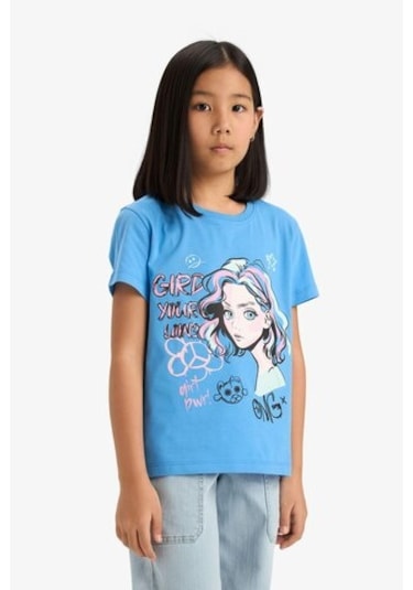 DeFacto Kız Çocuk Bisiklet Yaka Baskılı Kısa Kollu Tişört E0350A825SMBE339 Mavi