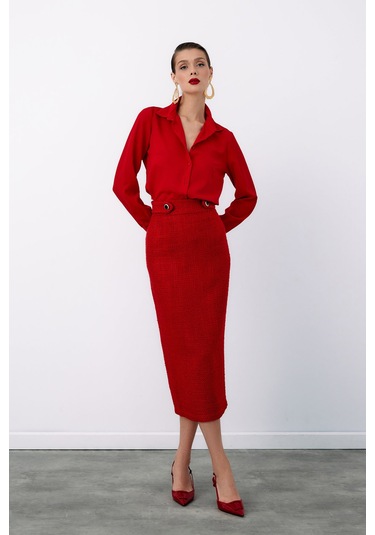 Sateen Düz Klasik Gömlek - Kırmızı-122327 Kırmızı