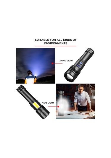 Padalink Güçlü Işık Kamp Feneri, Şarj Edilebilir Acil Durum El Feneri, Xhp70.2 Led, 26650 Pil Seti, Type-c Şarj, Teleskopik Zoom Siyah
