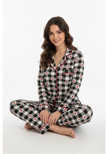 Luxury Viscose Siyah Beyaz Kareli Kalp Desenli Kadın Uzun Kollu Pijama Takımı 42564 Gri
