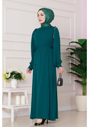Omuzu Taş Detaylı Rose Elbise-zümrüt Yeşili-4777 Zümrüt Yeşili