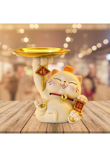 Trendooze Şanslı Kedi Heykeli Mini Depolama Tepsisi - 13x10,5x15,5 Cm, Unik Tasarım 13cmx10,5cmx15,5cm