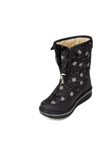 Lepetit Çocuk Kar Botu Kar Desenli Fermuarlı Kürklü Zincirli Kaymaz Taban 35-45 Siyah