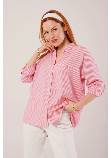 Cep Detay Çizgili Oversize Pembe Gömlek Pembe