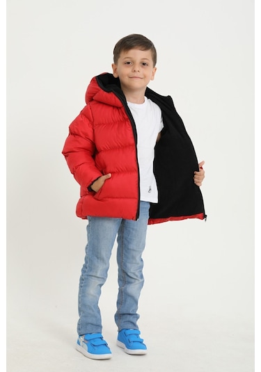 Freemen Erkek Çocuk Kırmızı Polarlı Kapüşonlu Su Geçirmez Rüzgara Dayanıklı Şişme Kışlık Mont Kırmızı