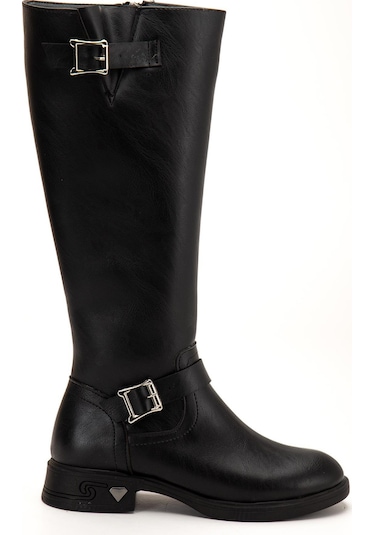 Siyah Kadın Çizme Düz Topuklu Bilek Kemerli-4284 Siyah