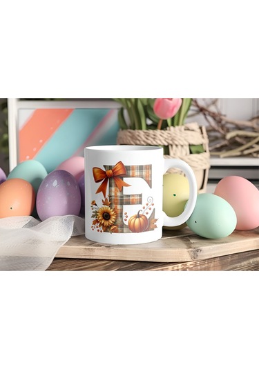 E Harfi Ekose Ve Sonbahar Temalı Kupa Bardak - Kişiye Özel Sıcak Tonlar Alfabe Kupa - Hediye Beyaz