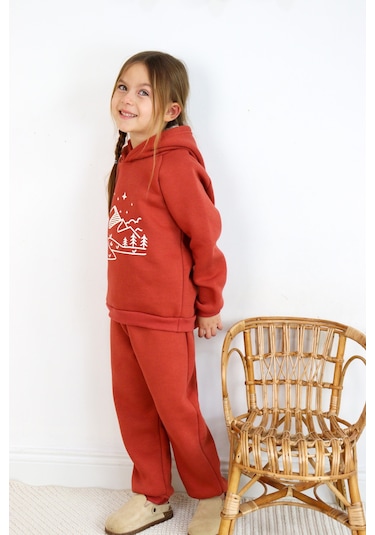 3 İp Baskılı Kapüşonlu Şardonlu İkili Takım Kiremit