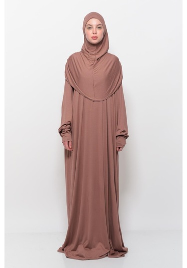 Pratik Tek Parça Pamuklu Yarasa Kollu Tak Çıkar Başörtülü Tesettür Namaz Elbisesi Toprak Çok Renkli