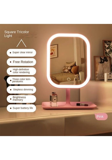 Modern Masaüstü Makyaj Masası Aynası 3 Renkli Işık Led Makyaj Pembe