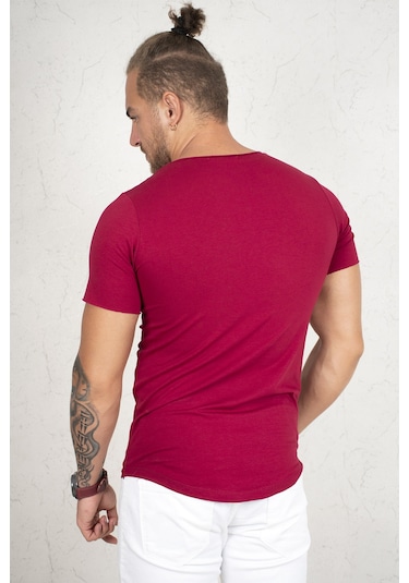 Deepsea Erkek Bordo Geniş Yaka Likralı Tişört Oval Yaka Slim Fit Eteği Oval Açık Yaka T-shirt 1801199 Bordo