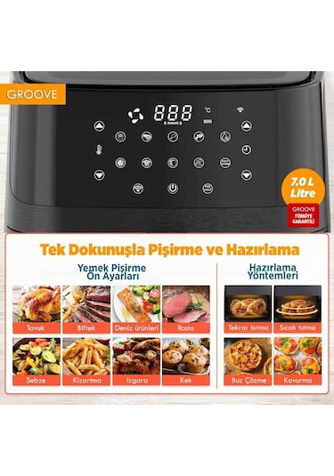 Groove Max XXL 7L 1800W WiFi Smart Airfryer Air Fryer Yağsız Sıcak Hava Fritözü Siyah