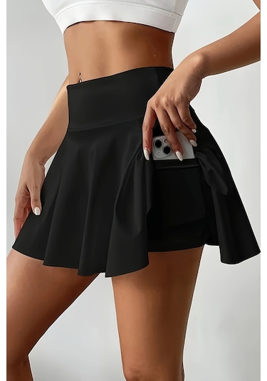 Merry See Esnek Likralı Bol Kesim Cepli Taytlı Sporcu Şort Etek - Tenis Eteği Siyah