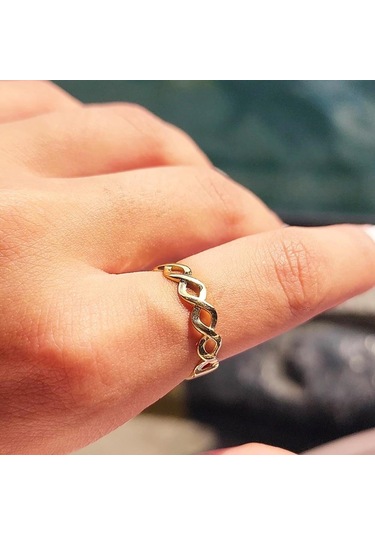 Örgü Altın Yüzük - 14 Ayar Altın Örgü Taşsız Minimal Yarım Tur Kadın Yüzük - Eşe Sevgiliye Yüzük Sarı Altın