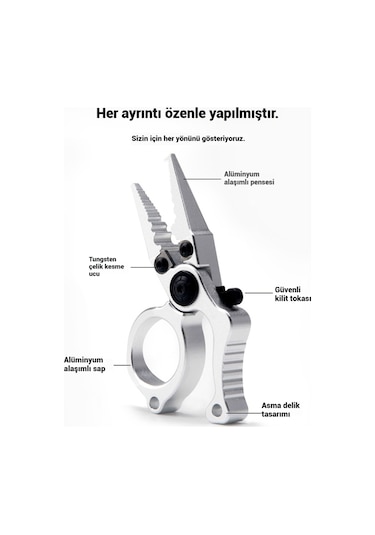 Kilitli Alüminyum Mini Olta Pensi - Halka Açıcı, Misina Makası, Çok Amaçlı Balıkçılık Aleti Siyah-gris