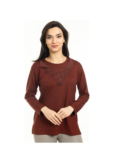Kadın Orta Yaş Ve Üzeri Yeni Model Yuvarlak Yaka Likralı Anne Penye Bluz 30550-taba