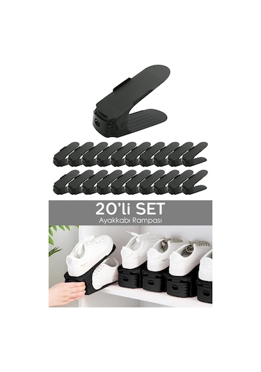 20'li Tekli Ayarlanabilir Ayakkabı Rampası - Dolap İçi Ayakkabı Düzenleyici Organizer Siyah