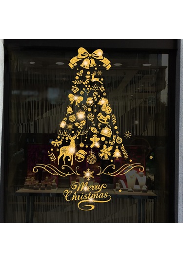 Ruicoo Noel Ağacı Desenli Parlak Elektrostatik Cam Sticker 30x37 Cm - Glitterli, Yapıştırıcısız, Noel Dekorasyonu Altın