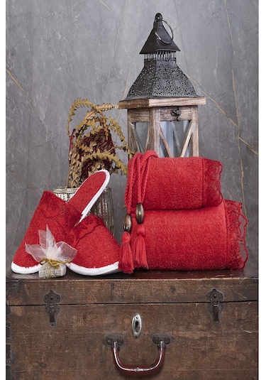 Kelebek Gelin Bornoz Seti 5 Parça Dantelli Çeyiz Bayan Bornoz Set Kırmızı